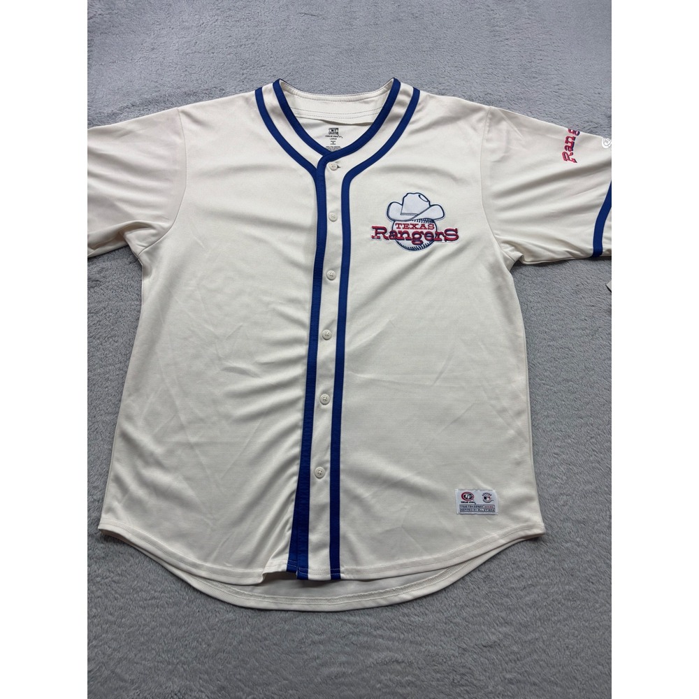 Texas Rangers Cooperstown Collection Baseball Jersey Cream Blue Mens L NO Player